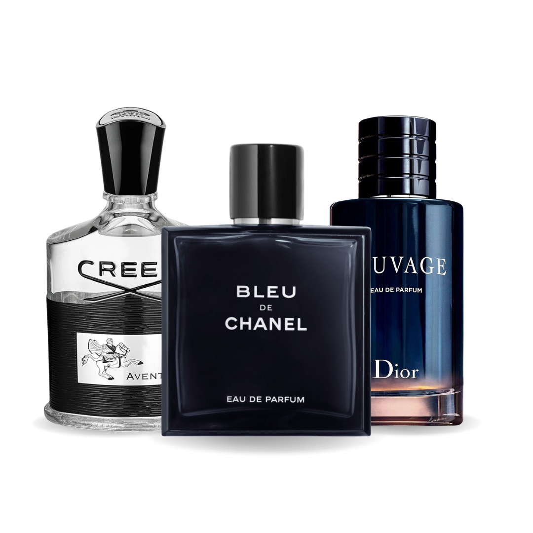 PACK DE 3 PERFUMES: CREED AVENTUS, BLEU DE CHANEL, DIOR SAUVAGE – 100ML Perguntar ao ChatGPT